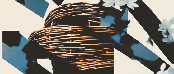 Poster - Minimalist collage featuring woven wicker and geometric shapes on a white background