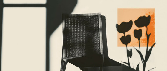 Poster - Minimalist collage combining geometric shapes and floral elements with wicker texture