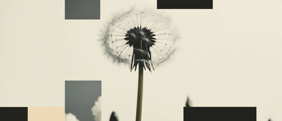 Poster - Minimalist collage featuring a dandelion seed head and geometric shapes on a white background