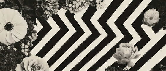 Aufkleber - Minimalist collage featuring geometric shapes and flowers on a white background
