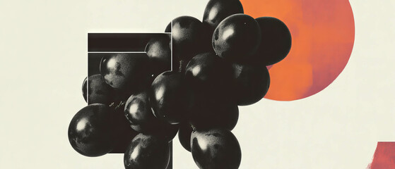 Poster - Minimalist collage with black-and-white grapes and geometric shapes on a white background