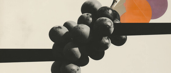 Poster - Minimalist collage featuring black-and-white grapes with geometric shapes and flowers