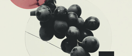 Poster - Minimalist collage of black-and-white grapes with geometric shapes and floral background