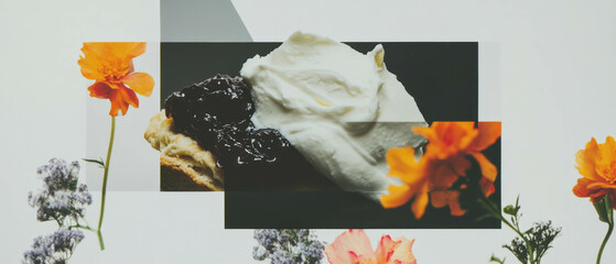 Aufkleber - Minimalist collage featuring a scone with clotted cream and jam against floral elements
