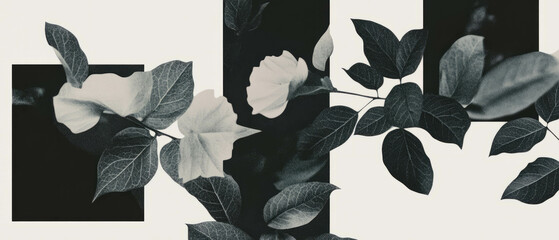 Poster - Minimalist collage of geometric shapes and dry leaves with floral elements on a white background