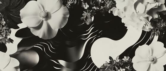 Aufkleber - Minimalist collage featuring black-and-white fractal patterns with floral elements