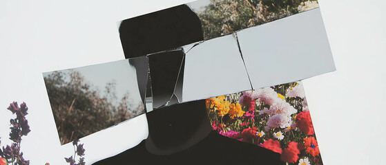 Poster - Minimalist collage of a cracked mirror reflecting geometric shapes and floral elements