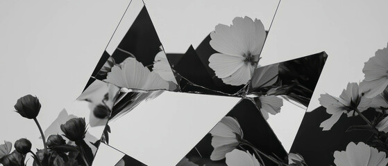 Aufkleber - Minimalist collage featuring geometric shapes and a cracked mirror reflection of floral elements