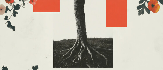 Aufkleber - Minimalist collage showcasing geometric shapes and an exposed tree root on a white background