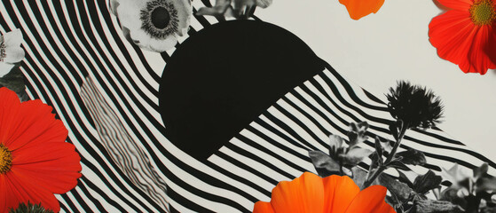 Poster - Minimalist collage with wood grain and floral elements on a white background