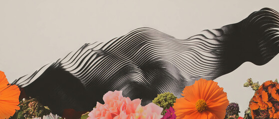 Aufkleber - Minimalist collage combining geometric shapes and floral elements on a white background