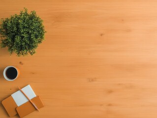 Poster - Minimalist Wooden Workspace Eco-Friendly Desk with Notebook and Coffee - Modern Office Content for Sustainable Workplace Design and Enhanced Creative Focus