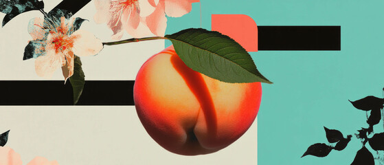 Aufkleber - Minimalist collage featuring geometric shapes and a peach on white background