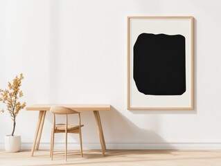 Leinwandbilder - Minimalist Office Design Sleek Wood Desk and Neutral Art on Beige Wall - Efficient Workspace Content for Modern Professional Environments and Contemporary Business Aesthetics