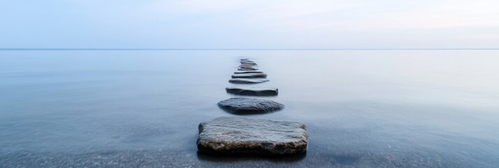 Poster - Zen Pathway Dark Stone Trail Over Tranquil Waters in Misty Blue - Motivation and Personal Development for Wellness Content and Mindful Business Strategy