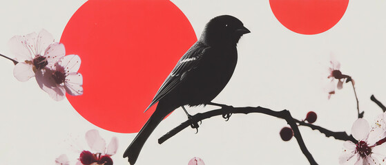 Poster - Minimalist collage featuring a sparrow on a branch with geometric shapes and floral elements