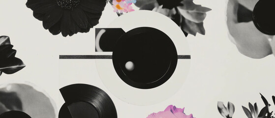 Aufkleber - Minimalist collage featuring geometric shapes and flowers with a close-up rewind button