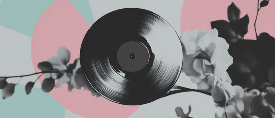 Aufkleber - Minimalist collage of geometric shapes, floral elements, and a rewind button