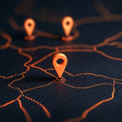 Fototapete - Minimalist Digital Navigation Map Neon Orange Location Markers on Textured Dark Surface - Innovative Wayfinding for Urban Travel Solutions and Interactive Tech Displays