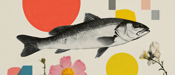 Poster - Minimalist collage featuring raw sea bass among floral and geometric shapes