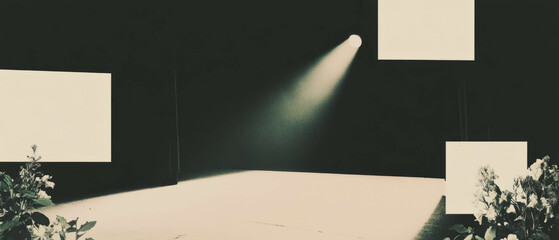 Aufkleber - Spotlight on an empty stage with minimal geometric elements and floral accents