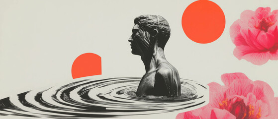 Poster - Minimalist collage featuring submerged statue and geometric floral elements on a white background
