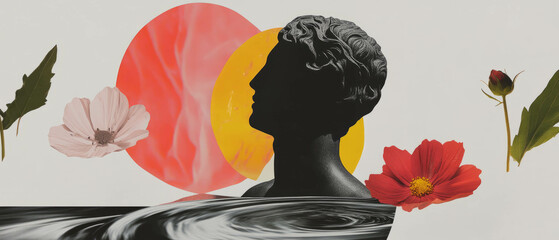 Poster - Minimalist collage featuring a statue partially submerged in swirling liquid with floral elements