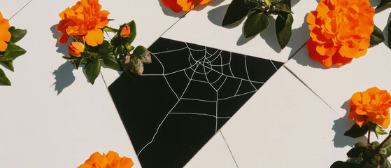 Poster - Minimalist collage featuring a cracked ceramic tile and vibrant flowers against a white background