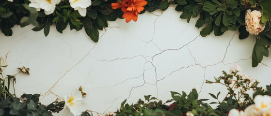 Poster - Minimalist collage of geometric shapes and flowers with cracked ceramic tile background