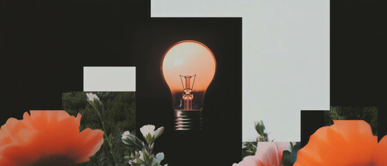 Poster - Minimalist collage featuring a lightbulb and floral geometric shapes on a white background