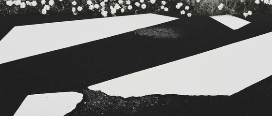 Poster - Minimalist collage blending geometric shapes and floral elements against a cracked asphalt backdrop