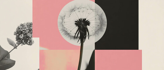 Poster - Minimalist collage featuring dandelion seed and geometric shapes on a white background