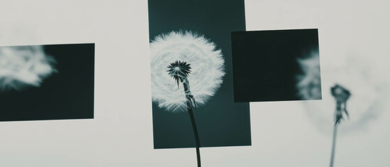 Aufkleber - Minimalist collage of a dandelion seed floating against geometric shapes on a white background