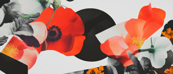Poster - Minimalist collage blending geometric shapes and floral elements on a white background