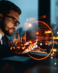Poster - Futuristic Digital Interface Young Professional Interacting with Augmented Graph Hologram in Office - Business Innovation and Tech Solutions for Dynamic Workspaces