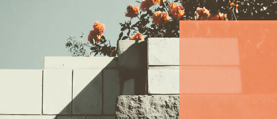 Aufkleber - Minimalist collage featuring geometric shapes and textured brick wall with flowers
