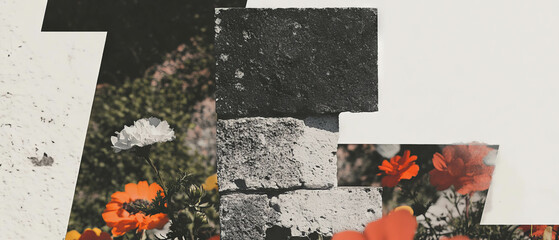 Poster - Minimalist collage featuring geometric shapes and a textured brick wall with floral elements