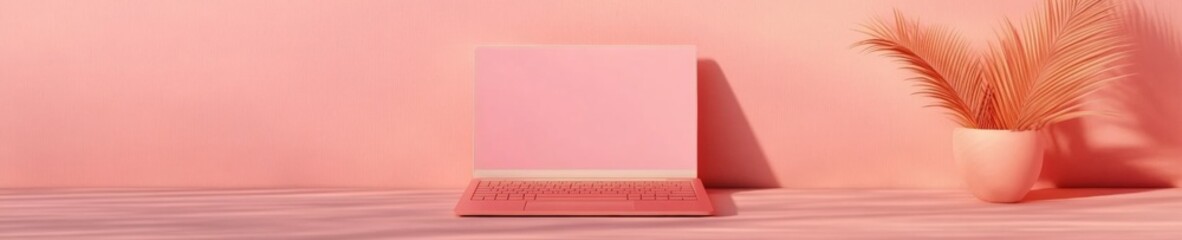 Poster - Pastel Minimalist Office Design Pink Laptop with Minimal Decor and Light - Contemporary Workspace for Young Professionals and Digital Marketing Innovation