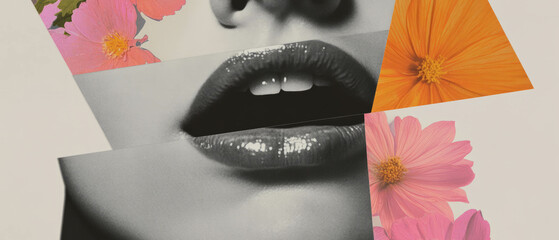 Poster - Minimalist collage featuring close-up of a mouth with flowers and geometric shapes