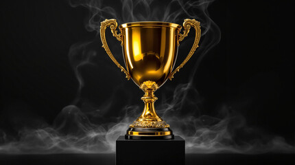 Fototapete - golden trophy with wooden surface against dark wood background.