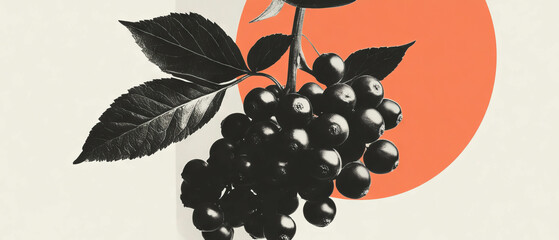Aufkleber - Minimalist collage of elderberries and geometric shapes on a white backdrop