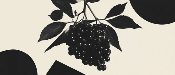 Poster - Minimalist collage of elderberries with geometric shapes on a clean white background