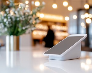 Poster - Minimalist Payment Terminal Display Sleek Glass and Metal Design with Lush Green Decor - Enhancing Modern Retail Experience and Cashless Transactions in Contemporary Shops