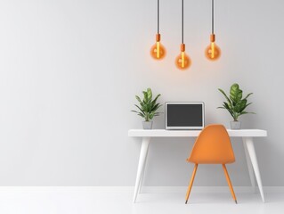 Fototapete - Modern Minimalist Workspace Design Sleek White Desk with Lush Greenery and Ambient Pendant Lighting - Enhancing Remote Work Productivity in Creative Industries