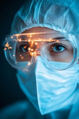 Aufkleber - Sleek Futuristic Medical Portrait Female Scientist in High-Tech Protective Gear with Illuminated Goggles - Innovative Healthcare Content for Modern Research and Technology Marketing