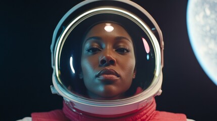 Aufkleber - Afrofuturism in Space Black Woman Astronaut Near Spacecraft with Jupiter Reflective Visor Imagery for STEM Engagement and Space Tech Innovation