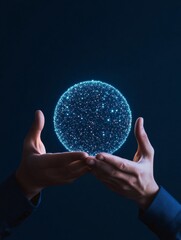 Aufkleber - Minimalist Tech Gesture Hands Reaching for Luminescent Light Sphere with Particle Effects - Enhancing Business Innovation in Digital Markets with Futuristic Visual Design