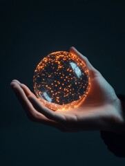 Leinwandbilder - Kinetic Tech Sphere in Hand Transparent LED Orb with Particle Glow - AI Innovation Visual for Futuristic Business Strategies and Digital Marketing