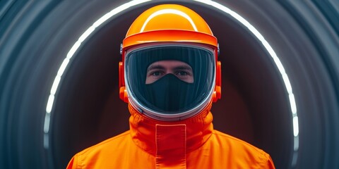Poster - Futuristic Safety Gear Neon Protective Suit and Helmet in Industrial Setting - Cutting-Edge Energy Sector Visual for Digital Campaigns and Sustainable Tech Branding