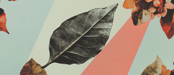 Poster - Minimalist collage combining geometric shapes with intricate leaf details and floral elements